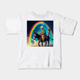 Old Lady on Donkey with Rainbow Kids T-Shirt